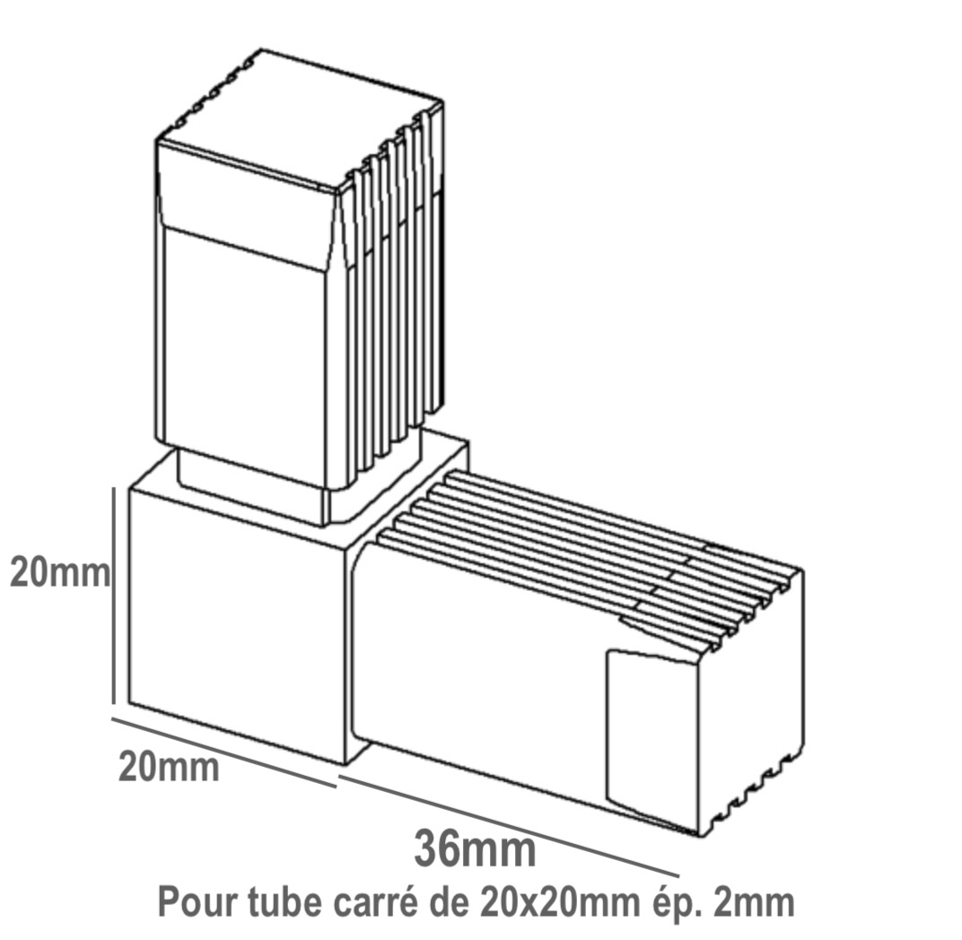 Raccord à 90° en L pour tube carré de section 20x20x2mm, en Nylon de couleur noir (PA 6 polyamide). Hauteur 20mm Longueur totale 56mm Longueur visible 20mm. Ce raccord permet l'assemblage définitif facile, sans soudure, de 2 tubes aciers. Il sera inséré à l'aide d'un maillet, après avoir au besoin ébavuré les bords du tube. C'est l'élément indispensable pour fabriquer soit même facilement divers réalisation (rambarde, étagère, meuble style indus, cadre ...). Le plastique Nylon® s'utilise aussi bien en intérieur qu'en extérieur, il est de couleur noir mat. Fourni en 2 demi raccords à assembler soit même. Fabrication française.