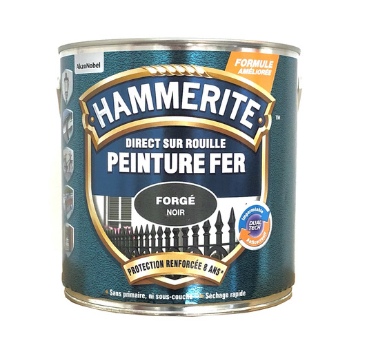 Peinture Hammerite Noir Forgé 2,5 Litre -peinture de finition dont la formule unique a été spécialement conçue pour la protection et la décoration du métal.Elle s'utilise sur tous les métaux ferreux et non ferreux extérieurs, et est idéale pour les grilles, mobiliers de jardin et autres surfaces métalliques.L'application est facile car elle se fait directement sur la rouille, sans sous-couche, et garantit une protection du métal jusqu'à 8 ans.