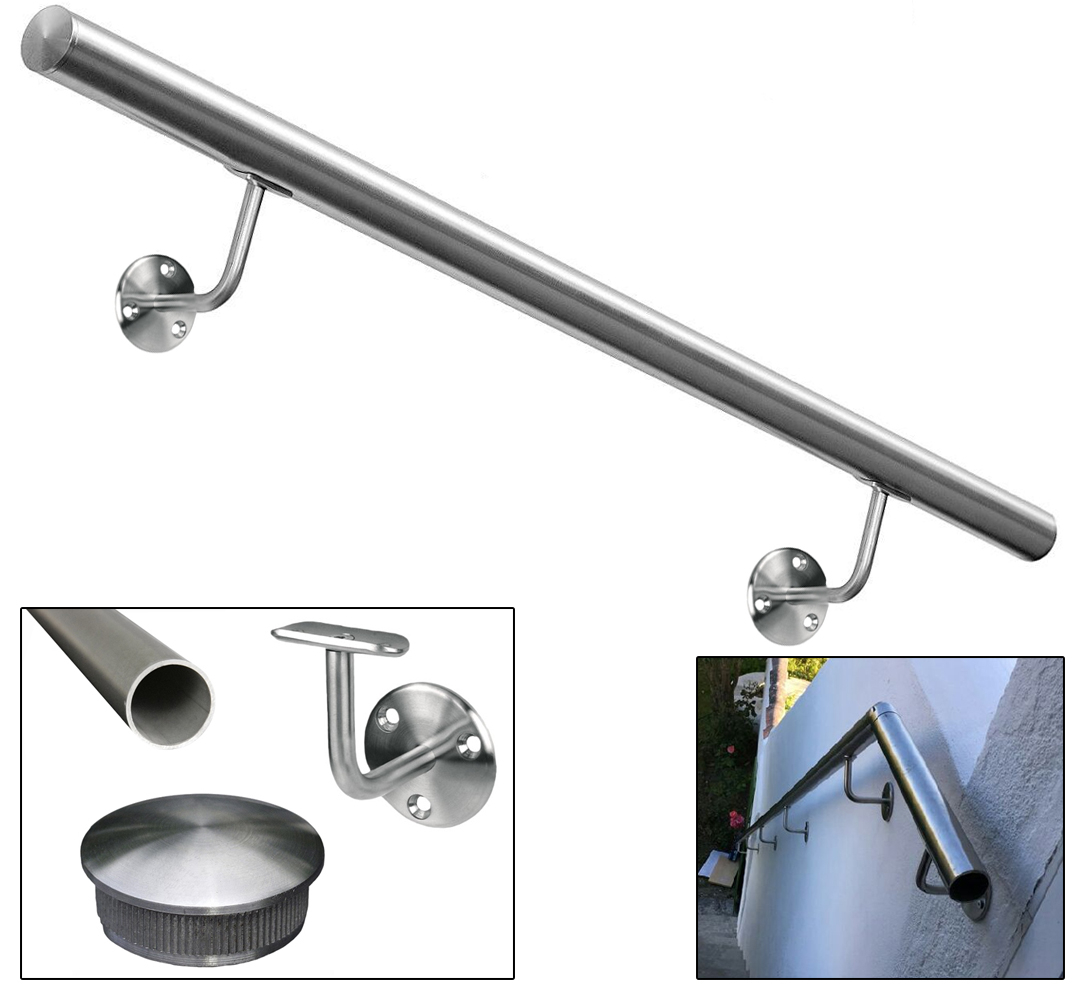 Kit main courante pour rampe inox 304 long 2 metres : comprenant 2 metres de tube inox 304 diam 42,4mm finition grain 220. 2 supports inox a visser sur le tube non percé pour fixation murale ref 30100. 2 bouchons de finitions inox a coller ref 30302 (tube a percer pour fixation par vis et colle non fournies) sur mesure possible