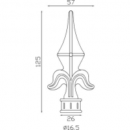 Pointe de lance de 125mm de haut par 57mm de large et avec une base creuse d'un diamètre de 16,5mm.