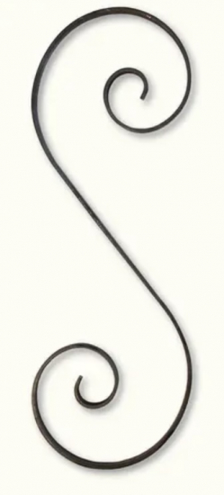 Volute en S égale finition effilée rayée Hauteur 290mm largeur 25mm en fer plat de 14x6mm. Fixation par soudure. Permet de décorer votre fabrication en fer forgé, portail, clôture, pergola, mais également permet de renforcer la sécurité, en diminuant le vide entre barreau, ou d'augmenter le soutien. Fourni brut, à peindre ou à vernir pour protéger contre la corrosion.