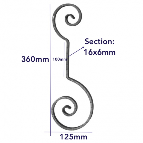 Volute en fer forgé en forme de S inégale, finition effilée rayée. Hauteur de 360mm et largeur de 125mm en section plate de 16x6mm. 100mm de plat au milieu de la volute. Les extrémités de la volute sont effilées et rayées et les tranches droite et gauche sont striées sur toute la longueur. Fourni brut, à peindre ou à vernir pour protéger contre la corrosion.