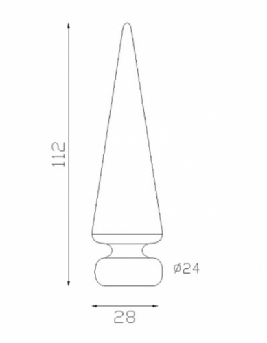 Pointe de lance de 112mm de haut par 28mm de large et avec une base d'un diamètre de 24mm en fer forgé.