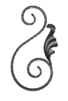 Volute en fer forgé en forme de S inégale. Modèle gauche. Hauteur de 230mm et largeur de 120mm en section plate de 14x6mm. Avec une feuille moulée. Les extrémités de la volute sont effilées et rayées et les tranches droite et gauche sont striées sur toute la longueur.