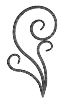 Volute triple finition effilée rayée. Hauteur 220mm largeur 110mm en fer plat martelé de 12x6mm. Fixation par soudure. Permet de décorer votre fabrication en fer forgé, portail, clôture, pergola, mais également permet de renforcer la sécurité, en diminuant le vide entre barreau, ou d'augmenter le soutien. Fourni brut, à peindre ou à vernir pour protéger contre la corrosion. Peut être présentée à l'horizontal ou à la vertical.