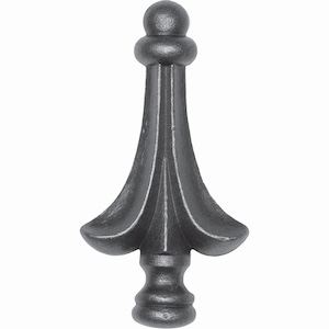 Pointe de lance, en fer forgé. Hauteur 110mm largeur 55mm avec une base ronde pleine de diamètre 25mm, compatible avec tube de diamètre égal ou inférieur. Elément décoratif idéal pour votre portail ou clôture, par exemple. Fixation par soudure. Fournie brut, à peindre ou à vernir avec un produit adapté qui protège contre la corrosion, produit galvanisable.