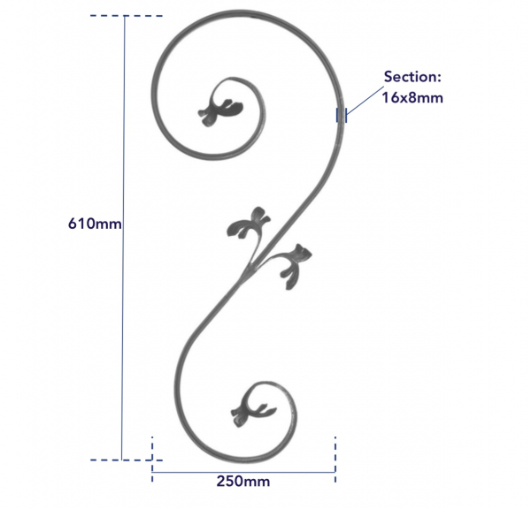 Volute en S inégale avec en détail 4 feuilles. Modèle Droit. Hauteur 610mm largeur 250mm en fer plat rayé de 16x8mm. Fixation par soudure. Permet de décorer votre fabrication en fer forgé, portail, clôture, pergola, mais également permet de renforcer la sécurité, en diminuant le vide entre barreau, ou d'augmenter le soutien. Fourni brut, à peindre ou à vernir pour protéger contre la corrosion.