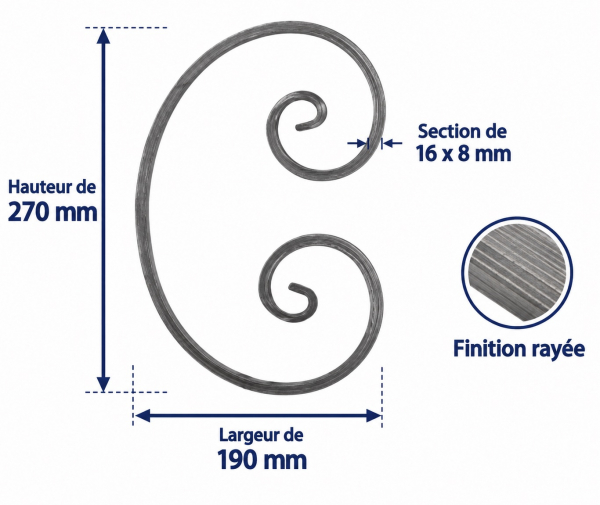 Volute en C finition à rayure, en fer forgé. Hauteur 270mm Largeur 190mm section en fer plat de 16x8mm. Fixation par soudure. Permet de décorer votre fabrication en fer forgé, portail, clôture, pergola, mais également permet de renforcer la sécurité, en diminuant le vide entre barreau, ou d'augmenter le soutien. Fourni brut, à peindre ou à vernir pour protéger contre la corrosion. Peut être présentée à l'horizontal ou à la vertical.