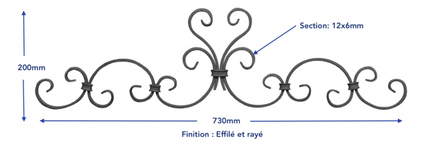 Dessus de portail en fer forgé. 200mm de hauteur par 730mm de long. Section en plat de 12x6mm. Composé de 8 volutes et de forme symétrique. Les extrémités des volutes sont effilées et rayées. Fourni brut, à peindre ou à vernir pour protéger contre la corrosion. Fixation par soudure. Idéal pour ornementer votre portail mais également pour renforcer la sécurité en empêchant les intrusions grâce au sur plus de hauteur de votre fabrication.