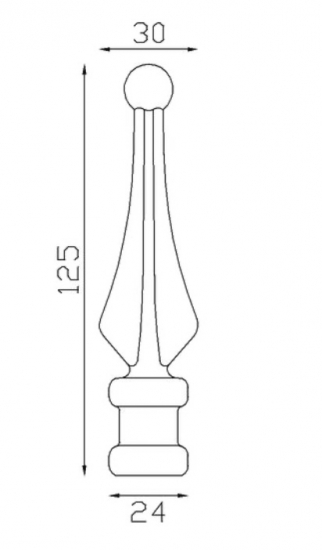 Pointe de lance à quatre faces avec extrémité en forme de boule, en fer forgé. Hauteur 125mm largeur 30mm avec une base carré pleine de côté 20mm, compatible avec un barreau de largeur inférieur ou égal. Elément décoratif idéal pour votre portail ou clôture, par exemple. Fixation par soudure. Fournie brut, à peindre ou à vernir avec un produit adapté qui protège contre la corrosion, produit galvanisable.