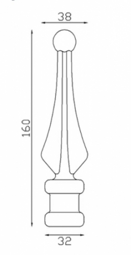Pointe de lance à quatre faces avec extrémité en forme de boule, en fer forgé. Hauteur 130mm largeur 38mm avec une base carrée pleine de côté 32mm, compatible avec un barreau de largeur inférieur ou égal. Elément décoratif idéal pour votre portail ou clôture, par exemple. Fixation par soudure. Fournie brut, à peindre ou à vernir avec un produit adapté qui protège contre la corrosion, produit galvanisable.