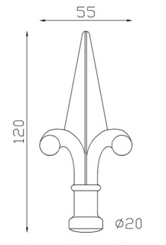 Pointe de lance style fleur de lys en fer forgé. Hauteur 120mm largeur 55mm avec base pleine d'un diamètre de 20mm, compatible avec tube de diamètre inférieur ou égal. Elément décoratif idéal pour votre portail ou clôture, par exemple. Fixation par soudure. Fournie brut, à peindre ou à vernir avec un produit adapté qui protège contre la corrosion, produit galvanisable.