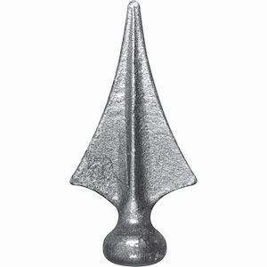 Pointe de lance en fer forgé. Hauteur 124mm largeur 61mm avec base pleine d'un diamètre de 32mm, compatible avec tube de diamètre inférieur ou égal. Elément décoratif idéal pour votre portail ou clôture, par exemple. Fixation par soudure. Fournie brut, à peindre ou à vernir avec un produit adapté qui protège contre la corrosion, produit galvanisable.