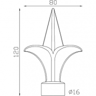 Pointe de lance de 120mm de haut par 80mm de large et avec une base creuse intérieur d'un diamètre de 16mm.