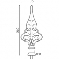 Pointe de lance style médiéval, en fonte. Hauteur 200mm largeur 86mm avec une base ronde pleine de diamètre 31mm. Elément décoratif idéal pour renforcer la sécurité et l'esthétisme de votre portail ou clôture, par exemple. Fixation par soudure sur la tige. Fournie brut, à peindre ou à vernir avec un produit adapté qui protège contre la corrosion.
