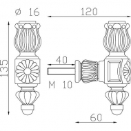 Equerre pour rampe en fonte à visser. Filetée M10. Livrée avec sa vis de fixation. Compatible avec des barreaux carré de 14mm ou du rond diamètre 16mm 