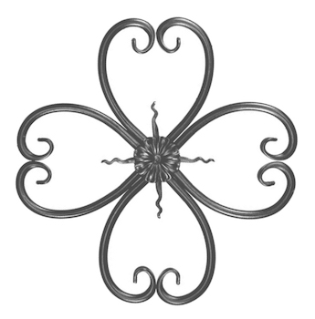 Rosette en fer forgé à souder. Hauteur de 380mm et largeur de 380mm. Section en rond de Ø12mm. Motif composé de 8 volutes et d’une fleur au centre. La fleur centrale est présente des deux côtés.