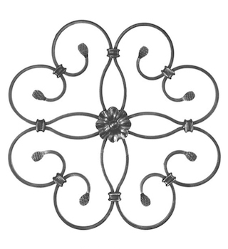 Rosette en fer forgé à souder. Hauteur de 360mm et largeur de 360mm. Section en plat lisse de 12x6mm. Motif composé de 8 volutes et d’une fleur au centre. La fleur centrale est présente des deux côtés.