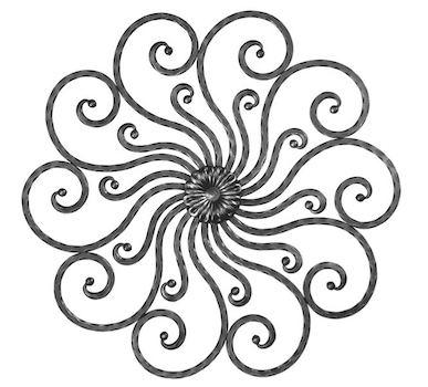 Rosette en fer forgé à souder. Hauteur de 780mm et largeur de 780mm. Section en carré martelé de 14mm. Motif composé de 20 volutes et d’une fleur au centre. La fleur centrale est présente des deux côtés. Les volutes ont des boules de finition aux extrémités.