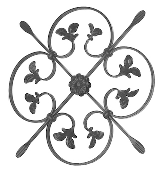 Rosette en fer forgé à souder. Hauteur de 545mm et largeur de 545mm. Section en plat lisse de 12x6mm. Motif composé de 4 volutes en forme de C avec des feuilles aux extrémités et d’une fleur au centre. La fleur centrale est présente des deux côtés.