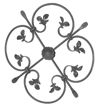 Rosette en fer forgé à souder. Hauteur de 530mm et largeur de 530mm. Section en rond de Ø10mm. Motif composé de 4 volutes en forme de C avec des feuilles aux extrémités et d’une fleur au centre. La fleur centrale est présente des deux côtés.