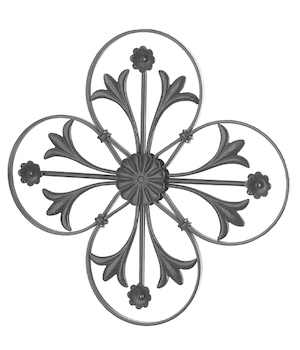 Rosette en fer forgé à souder. Hauteur de 545mm et largeur de 545mm. Section en plat lisse de 12x6mm et également barreau rond de Ø10mm. Motif composé de 4 cercles avec des fleurs à l’intérieur mais aussi d’une fleur au centre. La fleur centrale est présente des deux côtés.
