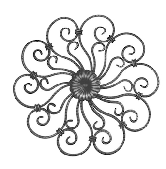 Rosette en fer forgé à souder. Hauteur de 445mm et largeur de 445mm. Section en plat lisse de 16x6mm. Motif composé de 20 volutes et d’une fleur au centre. La fleur centrale est présente des deux côtés. Toutes les volutes sont striées les tranches.