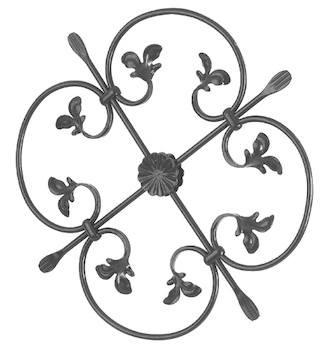 Rosette en fer forgé à souder. Hauteur de 530mm et largeur de 530mm. Section en rond de Ø12mm. Motif composé de 4 volutes en forme de C avec des feuilles aux extrémités et d’une fleur au centre. La fleur centrale est présente des deux côtés.