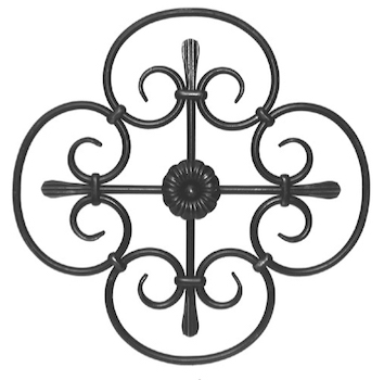 Rosette en fer forgé à souder. Hauteur de 565mm et largeur de 565mm. Section en rond lisse de Ø14mm. Motif composé de 4 volutes en forme de C. Les extrémités des volutes sont aplatis. La fleur centrale est présente des deux côtés.