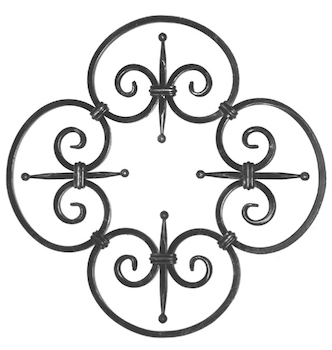 Rosette en fer forgé à souder. Hauteur de 580mm et largeur de 580mm. Section en carré lisse de 12mm. Motif composé de 4 volutes en forme de C. Les extrémités des volutes sont aplatis.