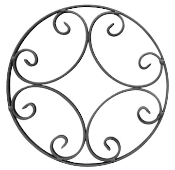 Cercle décoratif en fer forgé à souder. Diamètre total de 250mm. Composé de 4 volutes disposées en losange. Le cercle et les volutes sont en plat lisse de 16x4mm de section.