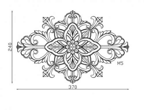 Palmette en fonte à visser de 370mm de haut et 240mm de large. Taraudage M5. Etat brut, prêt à peindre. Vendue sans vis. Possibilité de souder ou de coller.