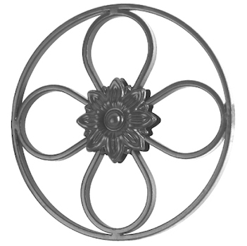 Cercle décoratif en fer forgé à souder. Diamètre total de 250mm. Motif composé de 4 cercles et d’une rosace au centre. Les cercle sont en plat lisse de 12x6mm de section. La rosace centrale est visible des deux côtés.