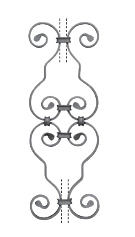 Décor composé de 4 volutes en 12x6mm pour barreaux carré de 12mm de 480mm de haut par 170mm de large.  Caractéristique :  Hauteur de 480 mm. Largeur de 170mm. Pour barreau section carré de 12mm.