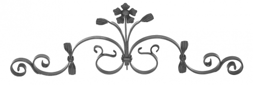 Dessus de portail en fer forgé. 300mm de hauteur par 835mm de long. Section en plat de 20x5mm. Composé de 4 volutes et d’une fleur au centre. Les extrémités des volutes sont effilées et rayées. Fixation par soudure. Fourni brut, à peindre ou à vernir avec des produits adaptés qui permettront sa protection contre la corrosion. Cet élément décoratif favorisera votre sécurité en augmentant la hauteur de votre fabrication tout en y apportant de l'élégance.