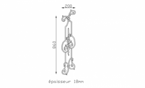 Balustre en fonte composé de volutes et barreaux. Hauteur 860mm largeur 200mm épaisseur 18mm. Ce décor rampant permet de fabriquer un escalier, par exemple. Fixation par soudure sur la main courante à l'aide des tiges d'acier. Fourni brut, à peindre ou à vernir avec un produit adapté qui permet de le protéger contre la corrosion. La fonte est reconnue pour sa résistance à la corrosion et sa dureté. Ce modèle existe en version non rampant rèf: 04118.