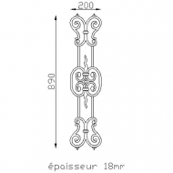 Décor en fonte pour appui de fenêtres double face de 890mm de haut par 200mm de large.Pour fabrication de garde corps et appuis de fenètres.Fixation par soudage sur la lisse à l'aide des tige d'acier