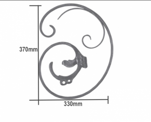 Volute en C finition effilée et rayée, décorée avec feuilles et demi volute, modèle droit, en fer forgé. Hauteur 370mm Largeur 330mm section en rond de diamètre 12mm. Fixation par soudure. Permet de décorer votre fabrication en fer forgé, portail, clôture, pergola, mais également permet de renforcer la sécurité, en diminuant le vide entre barreau, ou d'augmenter le soutien. Fourni brut, à peindre ou à vernir pour protéger contre la corrosion. Peut être présentée à l'horizontal ou à la vertical.