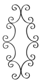 Panneau décoratif en fer forgé. 540mm de hauteur par 250mm de long. Section en plat lisse de 16x4mm. Composé de 8 volutes égales en forme de C. Les extrémités des volutes sont effilées et rayées.