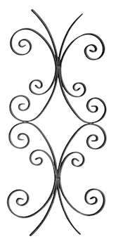 Panneau décoratif en fer forgé. 720mm de hauteur par 330mm de long. Section en plat lisse de 16x4mm. Composé de 8 volutes inégales en forme de C. Les extrémités des volutes sont effilées et rayées.