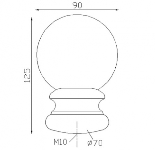 Boule en fonte pleine sur un pommeau estampé. Hauteur 125mm largeur 90mm base du support diamètre 70mm. Sert d'ornement pour toutes vos fabrications, escaliers, pergola, rambardes, par exemple. Fixation par vis (non fournie) grâce au taraudage M10 sous la base. Livrée brut, à peindre ou à vernir avec un produit adapter pour protéger contre la corrosion.