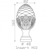 Pomme de pin fonte taraudée et à visser 160mm de haut par 82mm de large et avec une base d\'un diamètre de 48mm pour déco pergolas,garde corps et rampes 