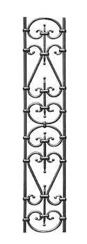 Panneau décoratif en fer forgé. 900mm de hauteur par 175mm de large. Section en rond lisse de 12mm de diamètre. Composé de volutes inégales encadrées par des barreaux. Les extrémités des volutes sont aplatis.