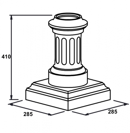 Décoration basse pour colonne alu sur socle, base en forme tradition royale, en aluminium. Hauteur 410mm, base carré de largeur 285mm, pour tube Ø100mm. Reçoit aussi bien un tube cannelé qu'un tube lisse, c'est l'un élément nécessaires à l'assemblage d'un poteau modulaire. Permet une finition élégante. Convient pour un usage en intérieur ou en extérieur. Finition: brut. Existe en version pour tube de Ø80mm (référence 06313).