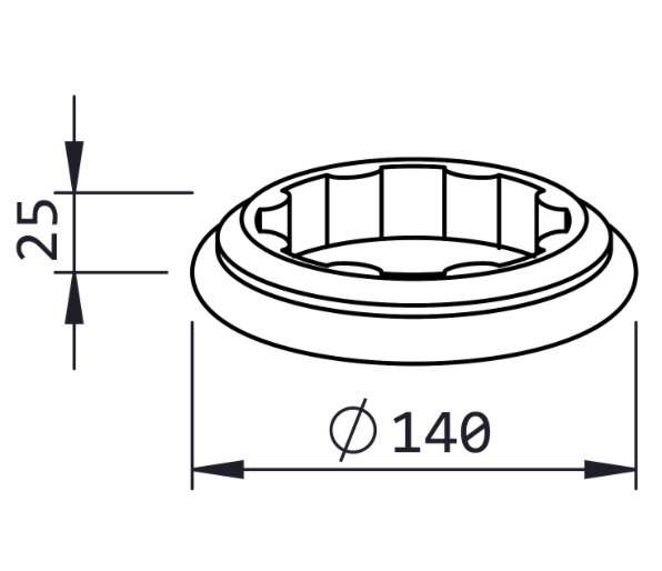 Rondelle décorative pour fût lisse de diamètre Ø100mm, en aluminium. Hauteur 25mm Largeur 140mm. Elle permet de cacher les espaces des cannelures ou les soudures, au dessus d'une base ou au dessous d'un chapiteau. S'utilise avec le tube lisse référence 063102. Existe en version pour tube de Ø80mm (référence 06317). Finition: brut.