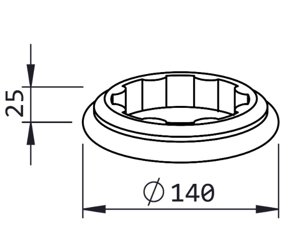 Rondelle décorative pour fût cannelé de diamètre Ø100mm, en aluminium. Hauteur 25mm Largeur 140mm. Elle permet de cacher les espaces des cannelures ou les soudures, au dessus d'une base ou au dessous d'un chapiteau. S'utilise avec le tube cannelé référence 063104. Existe en version pour tube de Ø80mm (référence 06318). Finition: brut.