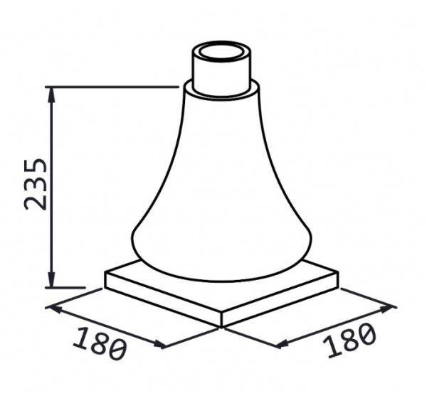 Décoration haute pour colonne alu, base en forme de trompette avec socle, en aluminium. Hauteur 235mm, largeur du socle carré 180mm, pour tube Ø80mm, épaisseur 8mm. Reçoit aussi bien un tube cannelé qu'un tube lisse, c'est l'un élément nécessaires à l'assemblage d'un poteau modulaire. Permet une finition élégante. Convient pour un usage en intérieur ou en extérieur. Finition: brut.
