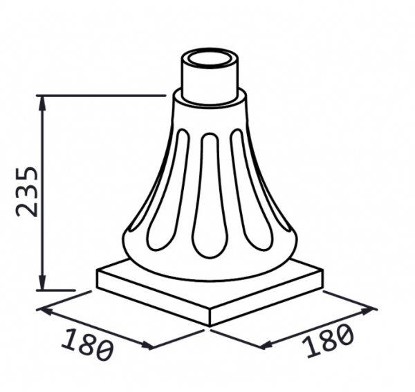 Décoration haute pour colonne alu, base en forme de trompette royale avec socle, en aluminium. Hauteur 235mm, largeur du socle carré 180mm, pour tube Ø80mm, épaisseur 8mm. Reçoit aussi bien un tube cannelé qu'un tube lisse, c'est l'un élément nécessaires à l'assemblage d'un poteau modulaire. Permet une finition élégante. Convient pour un usage en intérieur ou en extérieur. Finition: brut.