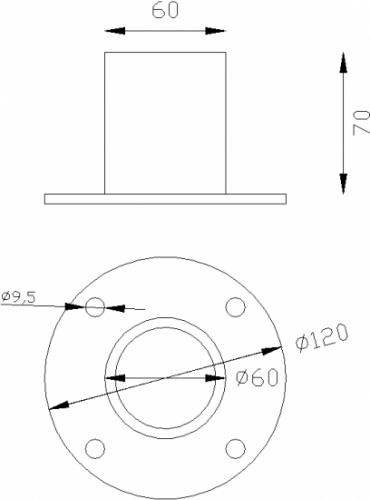 Fixation basse en alu pour tube diam 80 mm extérieur soit maxi 62 mm intérieur  - Cette pièce sert de centrage et de fixation pour les poteaux colonnes Ø80mm. Elle reçoit aussi bien un tube cannelé qu'un tube lisse Ø80mm extérieur.