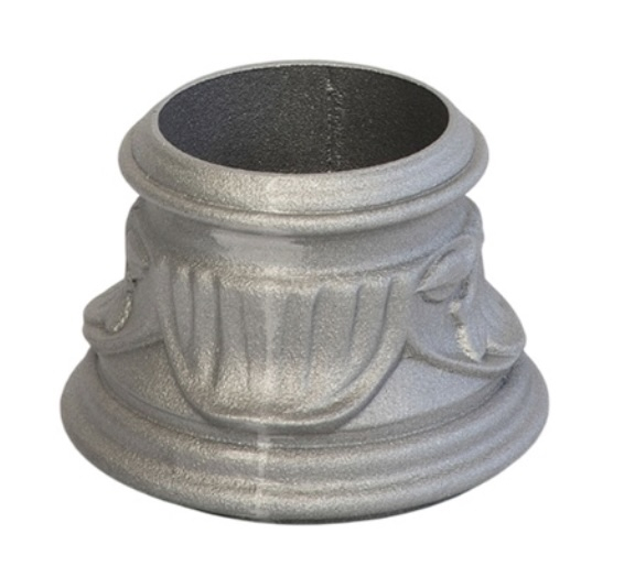 Décoration basse ou haute pour colonne alu en tube lisse, décoration florale, en aluminium. Hauteur 297mm, base diamètre Ø140mm, pour tube Ø80mm. C'est l'un élément nécessaires à l'assemblage d'un poteau modulaire. Permet une finition élégante. Convient pour un usage en intérieur ou en extérieur. Finition: brut. Existe en version pour tube de cannelé (référence 06400). Peut être complété par des rondelles (référence 06319,06317).